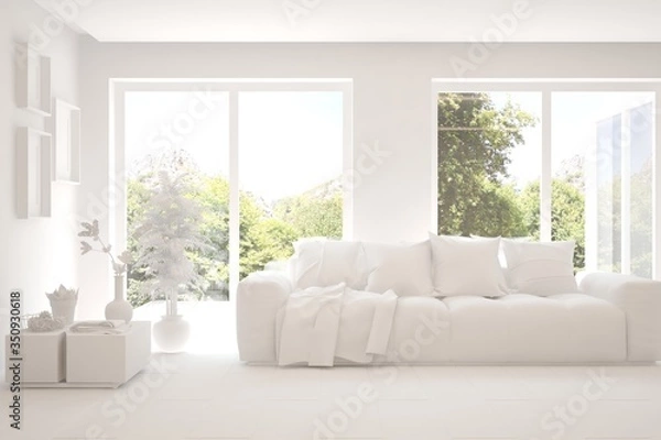 Fototapeta White living room with sofa and summer landscape in window. Scandinavian interior design. 3D illustration