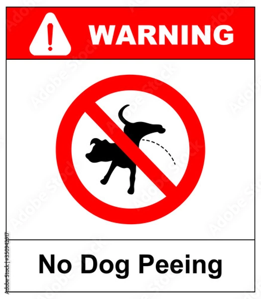 Obraz Warning forbidden sign no dog peeing. Vector illustration isolated on white. Red prohibition symbol for public places. No pissing dog icon