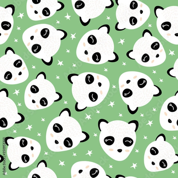 Fototapeta Seamless pattern with a cute Panda on a green background. Vector illustration with a Panda. Doodle style. Design of packaging paper, fabrics, and clothing. A tropical animal. Textile print.  