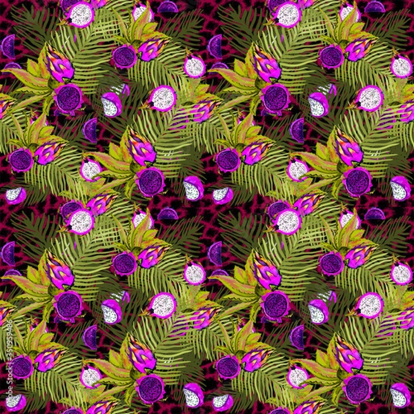 Obraz seamless pattern tropical forest fruit pitaya
