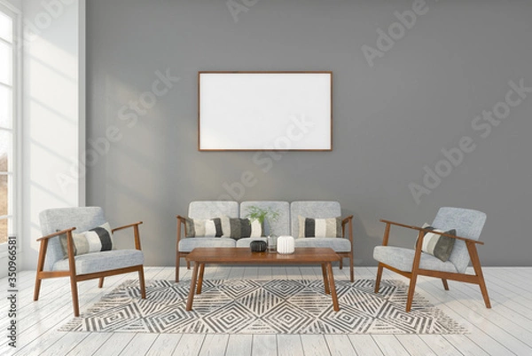 Fototapeta Minimal living room with sofa set  , gray wall and picture frame. 3d rendering