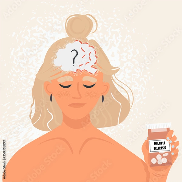 Fototapeta World Multiple Sclerosis Day. 
A young woman who has multiple sclerosis is not feeling well and is holding a medicine in her hands. Multiple sclerosis concept, vector flat illustration.