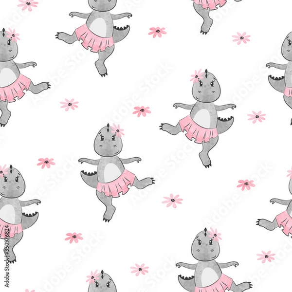 Fototapeta Cartoon Dino girl pattern for kids design. Vector cute dancing dinosaur background.	