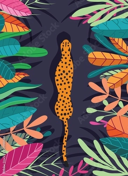Obraz Cute exotic wild big cat cheetah walking through dark tropical background with collection of exotic plants. Flat vector illustration