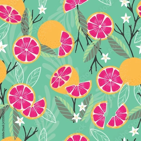 Obraz Fruit seamless pattern, grapefruit with branches, leaves and flowers on green background. Summer vibrant design. Exotic tropical fruit. Colorful vector illustration