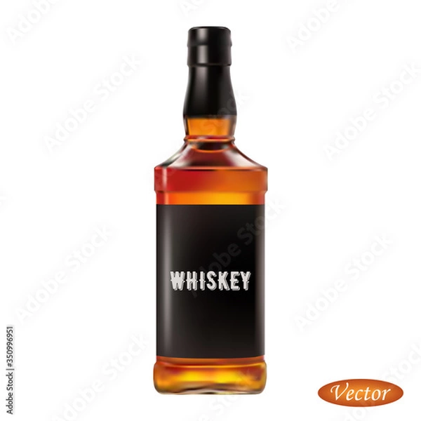 Fototapeta Whiskey bottle isolated on white background. Realistic alcohol drink. Macro icon whiskey. Vector illustration beverage 3D. Colorful mock up bottle. Design element for card, brochure, banner. Stock.
