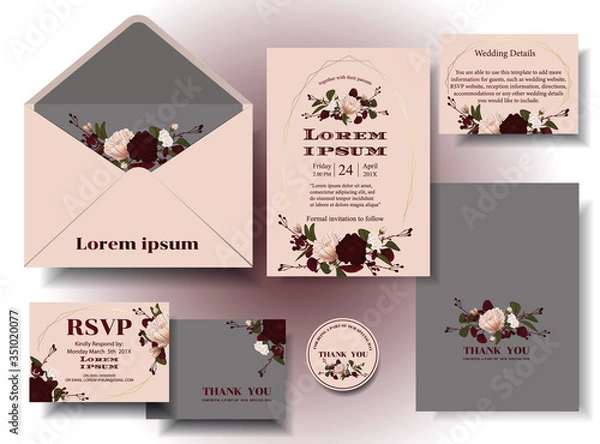 Fototapeta Vintage wedding invitation card set, nude-gray tone, vintage style With flowers and berries written around the card .rsvp . Envelopes. Decorated in sets. Illustration/Vector