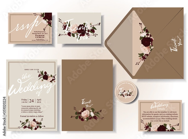 Fototapeta Vintage beige brown wedding invitation card set, with flowers and berries, written in a frame .rsvp . Envelopes. Decorated in sets. Illustration/Vector