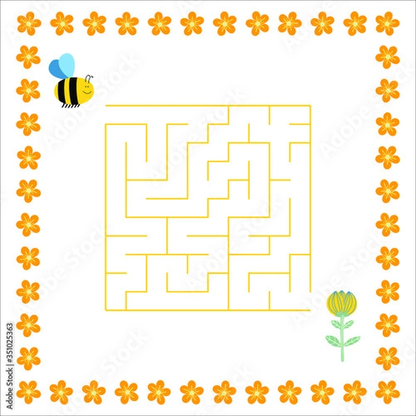 Fototapeta Labirynth kids task to find way Maze for children to draw the right path with entry and exit. Fun logic game Square shape with ladybug and flowers. With solution. Vector illustration white background.