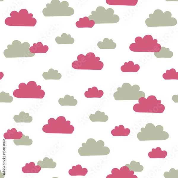 Fototapeta Vector sky pattern in pink and green. Simple doodle clouds made into repeat. Great for background, wallpaper, wrapping paper, packaging, fashion.