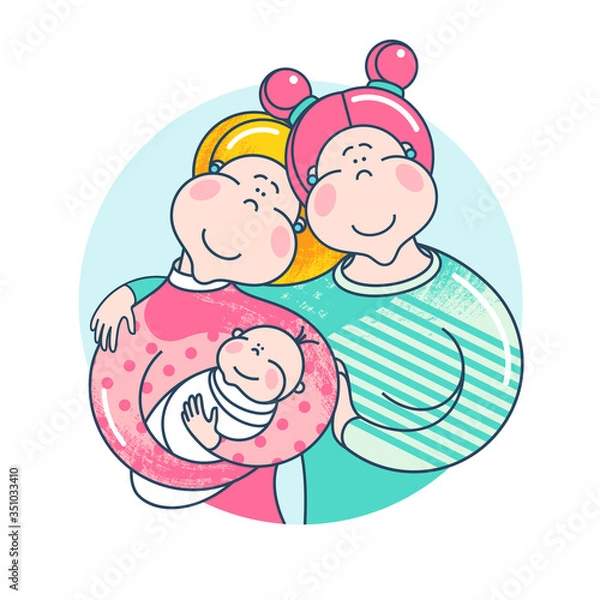 Fototapeta Homosexual lgbt non-traditional family. Happy couple of women with little child. Mom holding his baby. Equality in rights illustration. Attractive cartoon characters. 