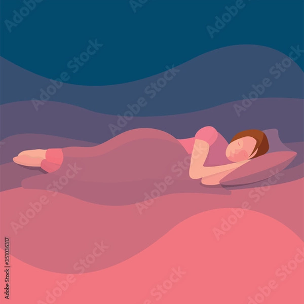 Obraz Sleeping woman. Woman sleeping in bed with blanket. Bedroom vector illustration. Lady sleeping at night. Woman sleep in bed under duvet.