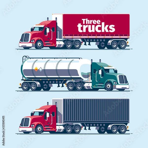 Fototapeta Three heavy trucks with different cargo trailers - tilt, tank, container. Blank vector template mockup.