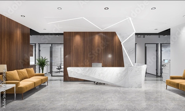 Fototapeta 3D Rendering Modern Luxury Hotel and Office Reception and Lounge z krzesłem spotkań i żółtą sofą