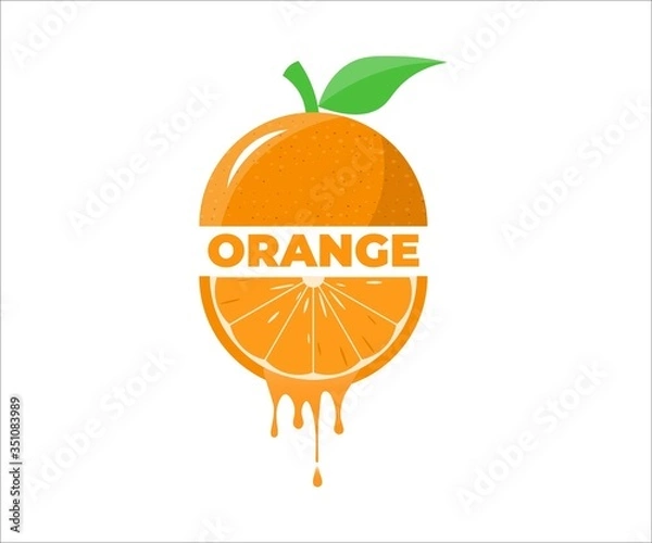 Fototapeta Orange text between sliced orange and juicy orange abstract logo, icon, label, symbol Concept. Vector Design Illustration