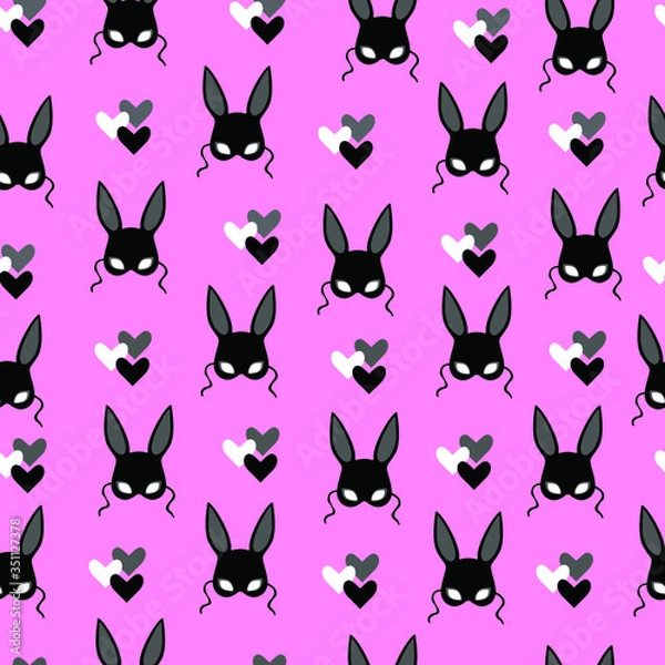 Obraz Seamless background - mask rabbit. vulgar mask pattern, vulgar print. sexy rabbit mask on a pink background with hearts. sexy bunny print, vulgar toys pattern, bdsm pattern, print