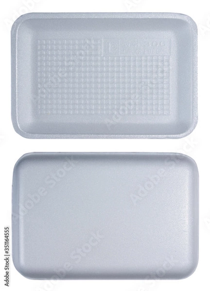 Fototapeta The front and back of the foam tray that is used to pack food, fruit or various products. Picture of foam isolate tray with embedded paths