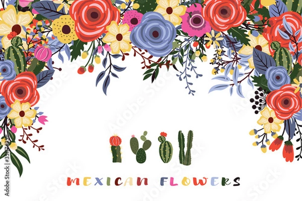 Fototapeta A Vector of a Mexican fiesta flowers with cactus design