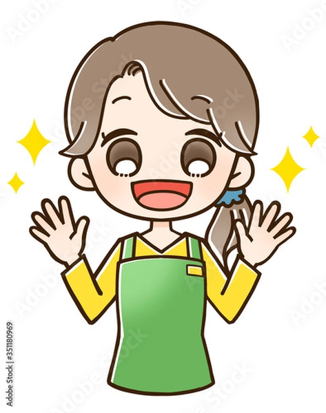 Obraz エプロンの女性　笑顔　両手をあげる