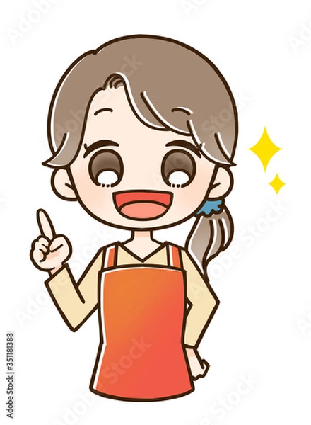 Obraz エプロンの女性 笑顔で指さし 