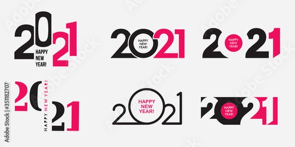 Obraz Big Set of 2021 Happy New Year logo text design. 2021 number design template. Collection of 2021 happy new year symbols. Vector illustration with black and pink labels isolated on white background. 