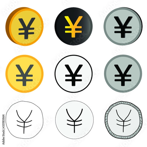 Fototapeta Vector illustration of the yen, nine options of the Japanese currency. Japanese yen currency icons in different styles.
