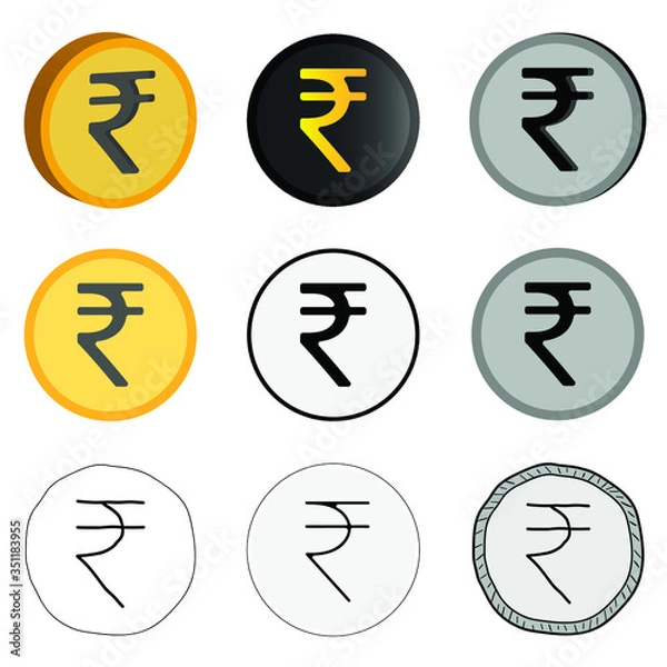 Fototapeta Vector illustration of Indian currency, nine rupee options in vector. Indian rupee icons in different styles.