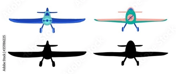 Fototapeta Set colored and black silhouette Airplane in doodle style isolated on white background. Set of agricultural aircraft vector outline