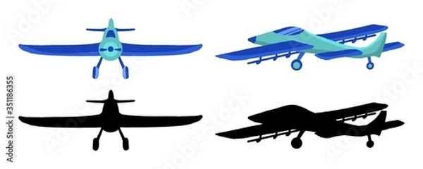 Fototapeta Set colored and black silhouette Airplane in doodle style isolated on white background. Set of agricultural aircraft vector outline icons
