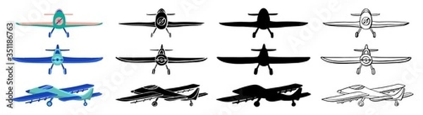 Obraz Set Airplane in hand drawn doodle and cartoon style isolated on white background. Set of agricultural aircraft vector outline, silhouette