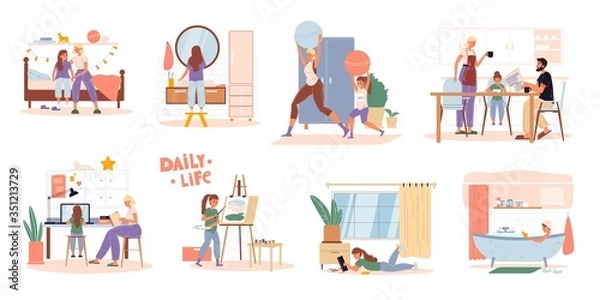 Fototapeta Family children daily routine everyday activities scene set. Parent kid work, rest, do sport. Daughter get up, brush teeth, exercise, eat breakfast, study at home, learn to paint, read book, take bath