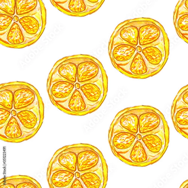 Obraz Seamless raster pattern with orange slices on white background. Summer sunny pattern.