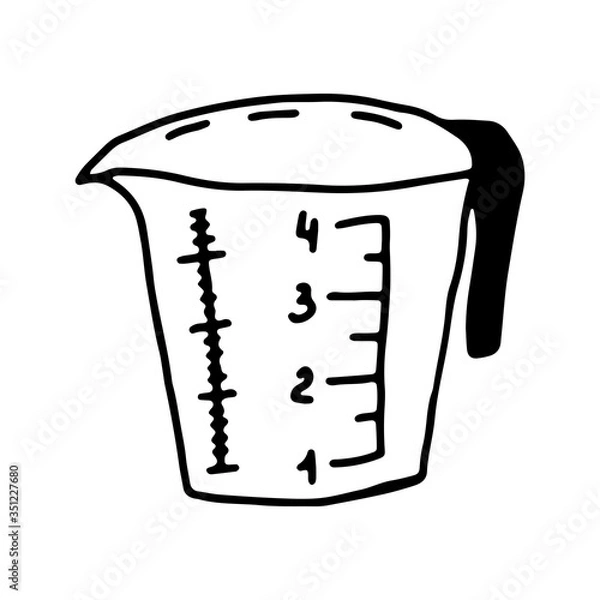 Fototapeta Doodle style measuring cup on an isolated white background. Cooking, recipes, tools for the kitchen. Bakery set hand drawn. Stock vector illustration.