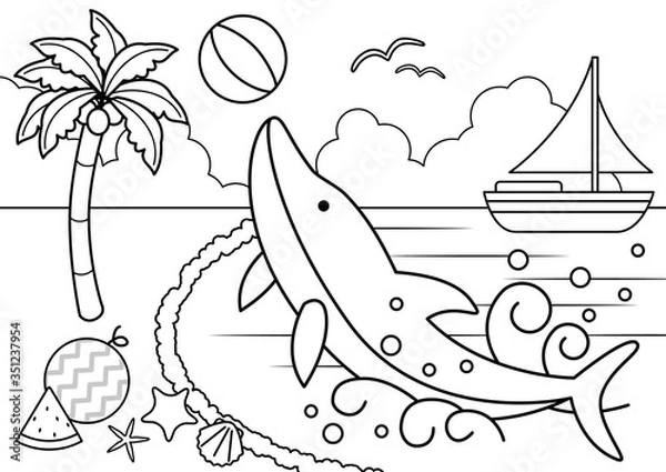 Fototapeta イルカがいる海の塗り絵