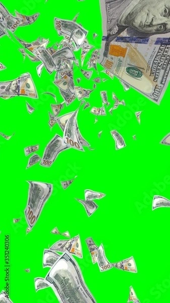 Fototapeta Flying dollars banknotes isolated on chromakey. Money is flying in the air. 100 US banknotes new sample. Vertical orientation. 3D illustration