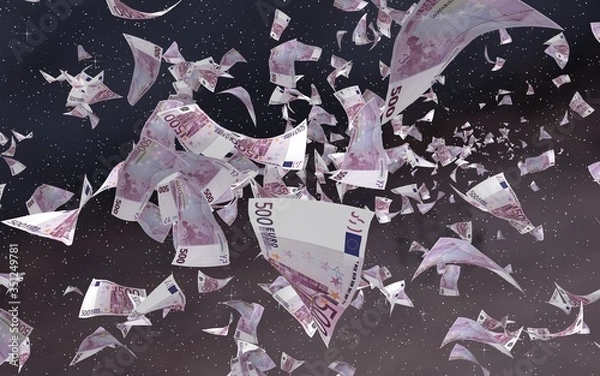 Fototapeta Flying euro banknotes on a outer space starry background. Money flying in the outer space. 500 EURO in color. 3D illustration