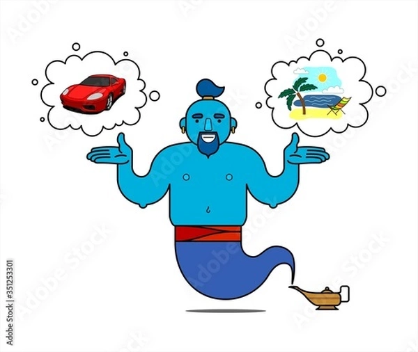 Fototapeta Blue genie from the lamp, cartoon character. The genie will easily fulfill any three wishes. I want a vacation on the sea, I want a cool car. Illustration, poster, isolated on a white background.