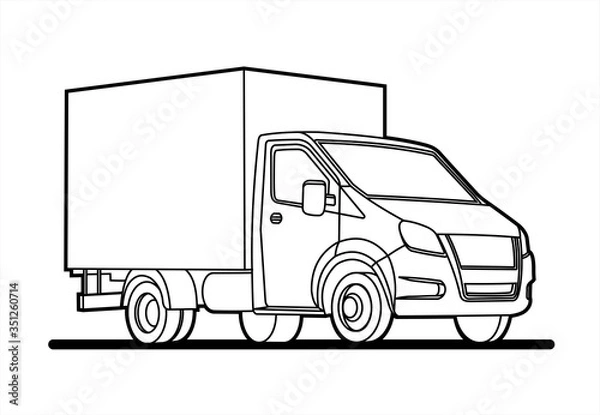 Fototapeta vector outline lorry; isolated on a white background; three quarter view; car template for advertising; small truck; for coloring book page