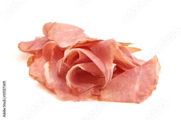 Fototapeta Jamon, dried ham slices, isolated on white background