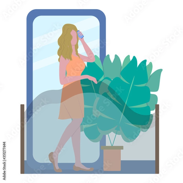 Fototapeta Beautiful blonde girl speaking on telephone standing on balcony. Freelancer working from home with phone. Design for call center, business. Flat vector illustration isolated on white background.