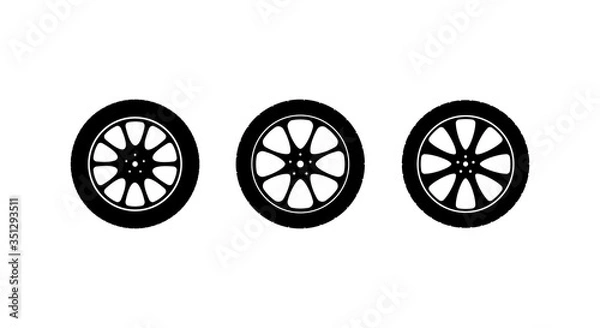 Obraz Zestaw ikon wektorowych kół samochodowych na jasnym tle.