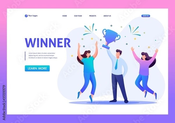 Fototapeta Successful businessman celebrating a victory, teamwork. Flat 2D character. Landing page concepts and web design