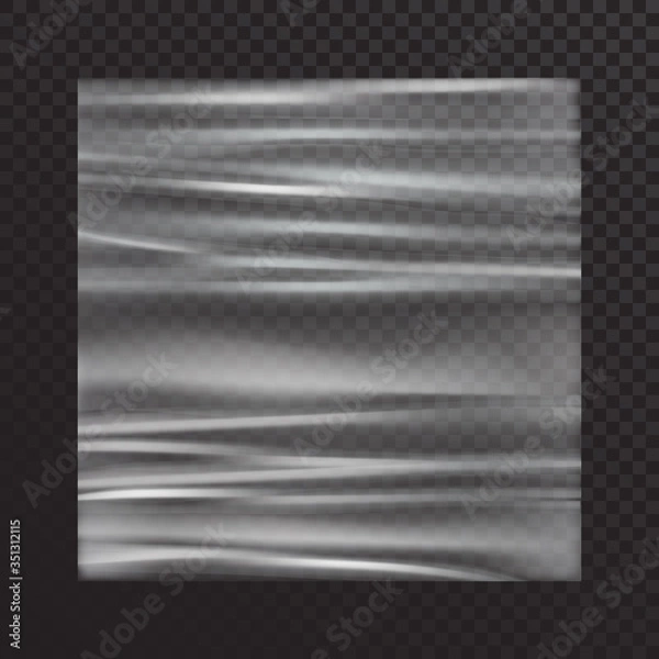 Obraz Vector realistic transparent stretched film on a translucent dark background. Polyethylene film with stretch marks. Cellophane mocap.Clip art for decoration