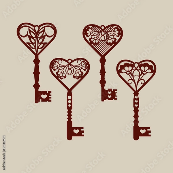 Obraz Set of templates of decorative keys for laser cutting, paper cutting, stencil making. The image is suitable for interior design, props, wedding, Valentine's day, individual creativity