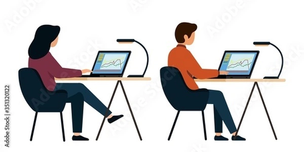 Obraz Computer screen. The guy and the girl are working on laptops. Work environment in the office. Illustration on a white background