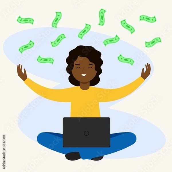 Obraz Money pours onto a person. A girl sits with a laptop on her lap and catches banknotes.