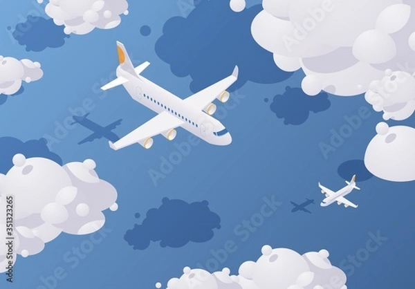 Obraz Isometric passenger airplane flying in the sky full of clouds above the blue sea. Vector concept illustration.