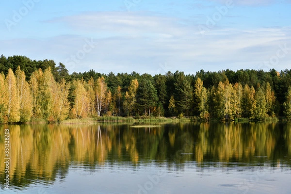 Obraz Autumn forest on the lake is full of bright colors against a blue clear sky, reflection in calm water