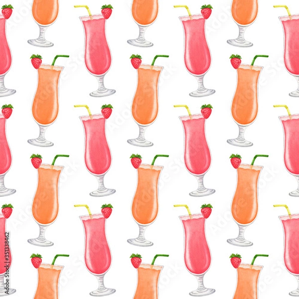 Fototapeta Watercolor seamless pattern with red and orange cocktail glasses, straw and strawberries. Hand drawn illustration on white background for design textile, wrapping paper, scrapbooking, web design