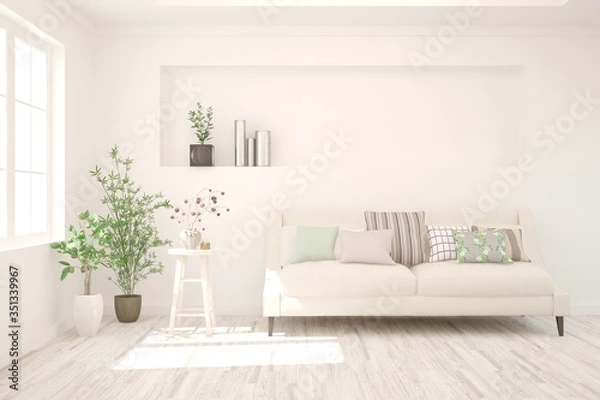 Obraz White living room with sofa. Scandinavian interior design. 3D illustration